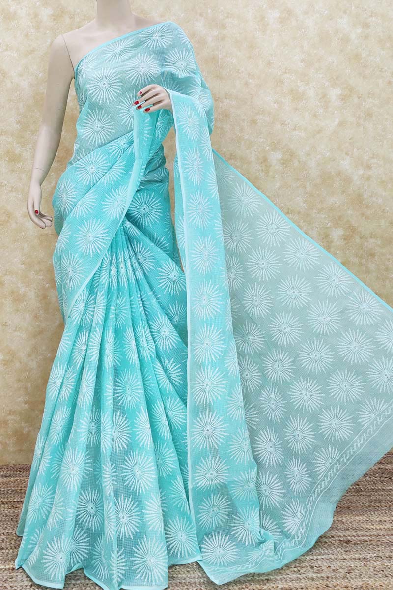 Sea green Color Hand Embroidered Tepchi Work Lucknowi Chikankari Saree (With Blouse - Kota Cotton) MC251481